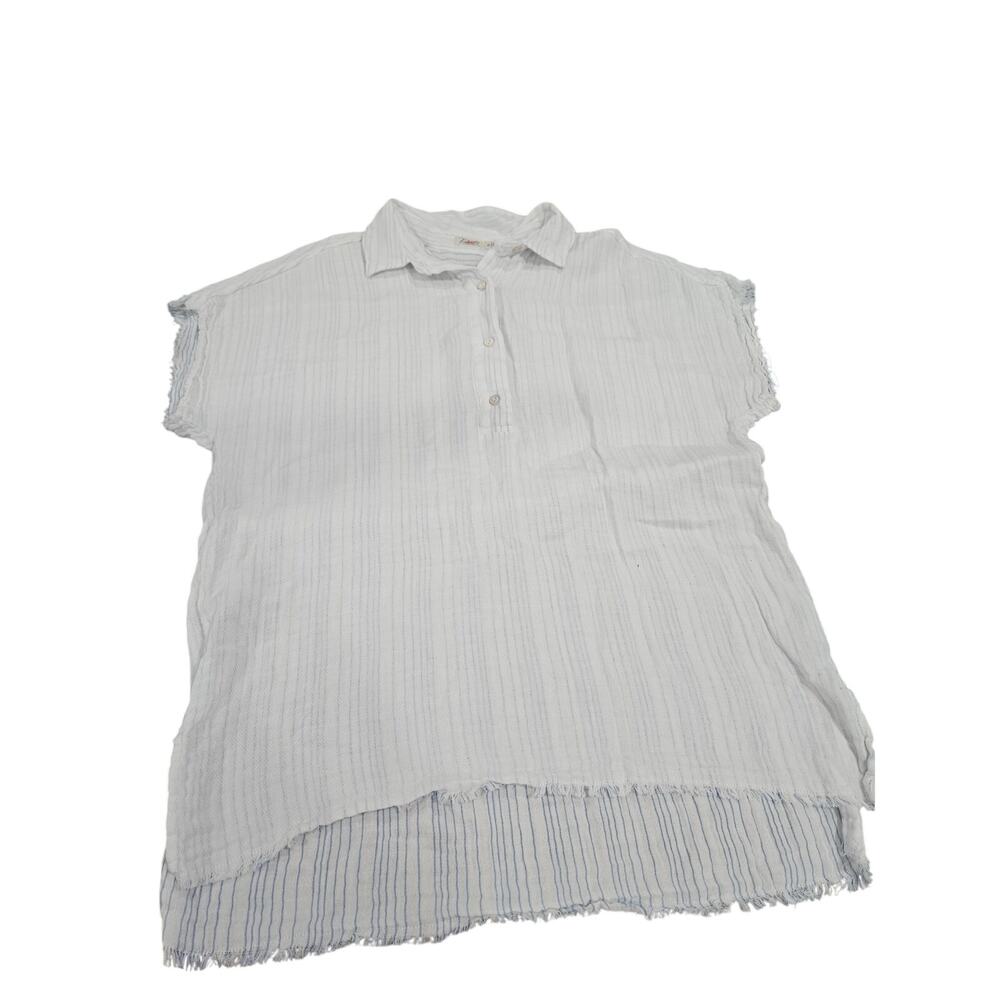 Faherty White Cotton Gauze Henley Popover Top Frayed Hem Women's M